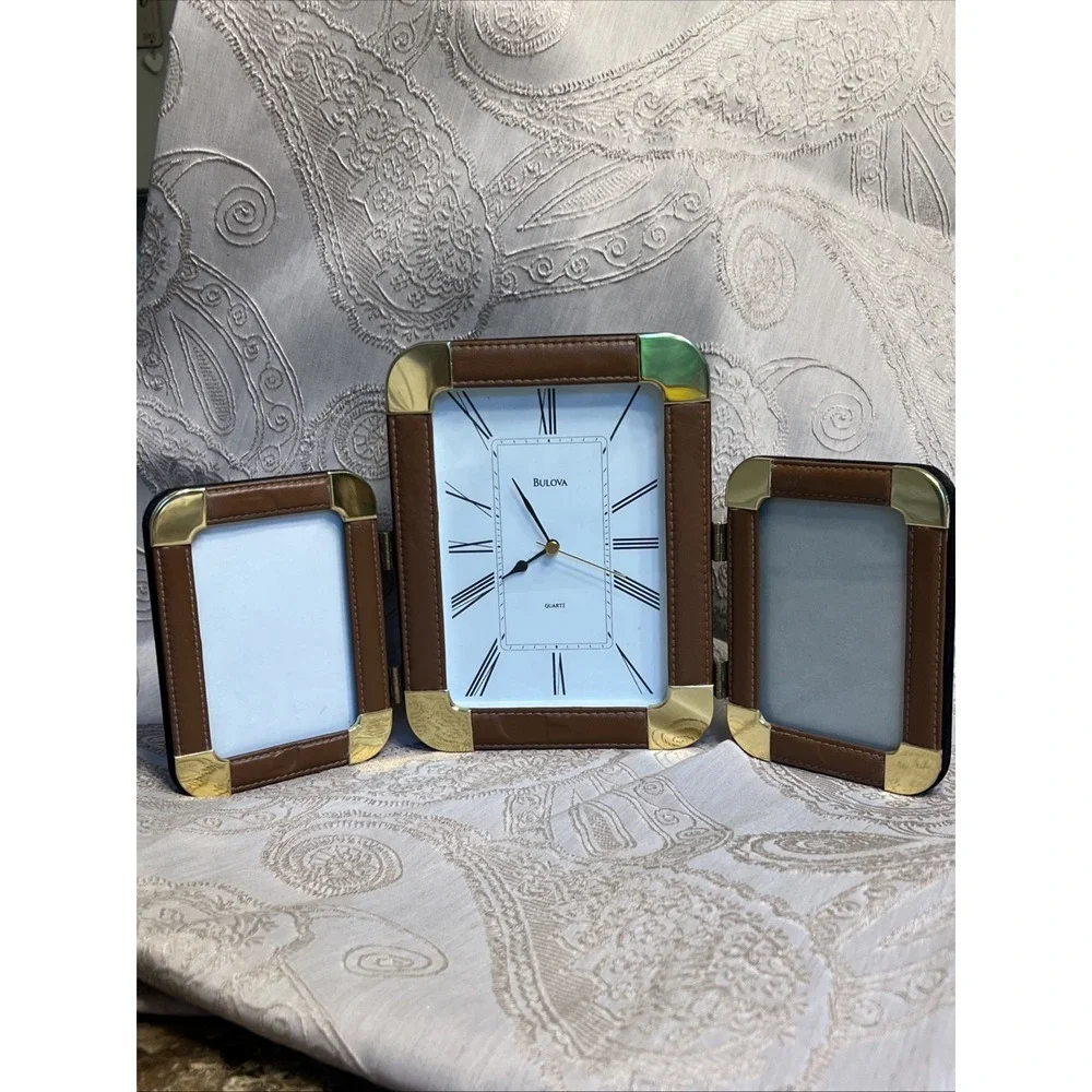 Bulova Folding Travel Clock Leather And Brass With 3 X 4.5 Photo Frames